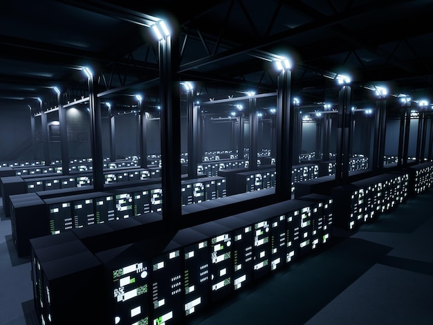 Empty supercomputer server room with big data and artificial intelligence used for cloud computing and networking concept. Modern data center filled with server racks for blockchain.