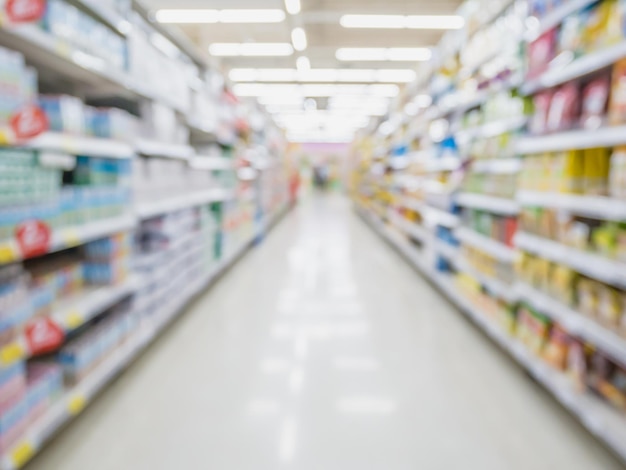 Empty Supermarket Aisle and Shelves in blurry for background
