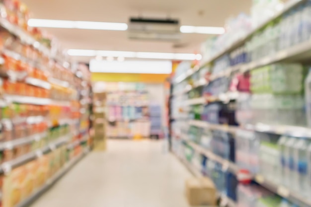 Empty supermarket aisle with product on shelves blurred background