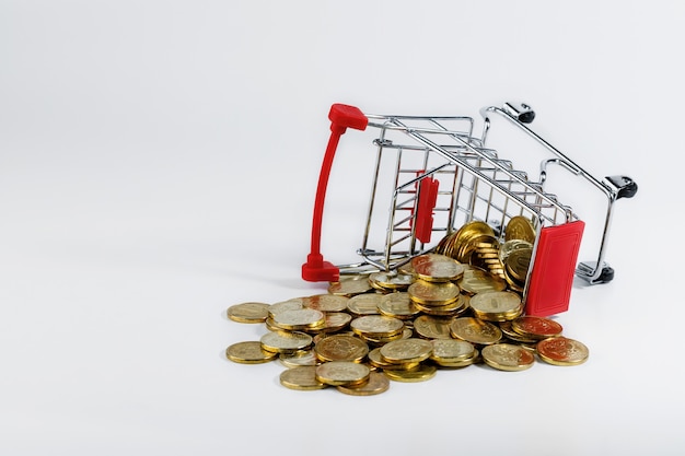 An empty supermarket cart with red inserts on white with scattered coins. Shopping.