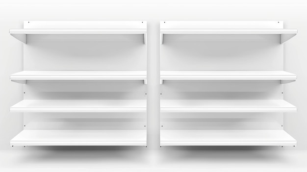 スーパーマーケットの空っぽの棚と商品ラックのモックアップ リアルな3Dモダンイラスト 異なる視角で書籍棚のスタンドのセット 空っぽの店舗プロモーションプロップモックアップ