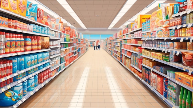 empty supermarket with shopping cart