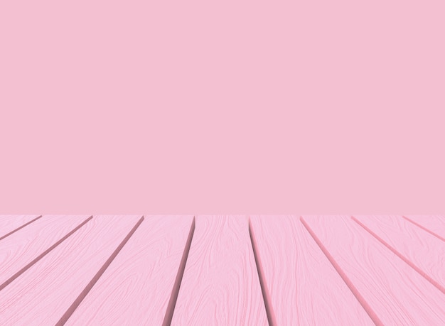 Empty sweet soft pastel pink color wood panel table in montage style wall background.