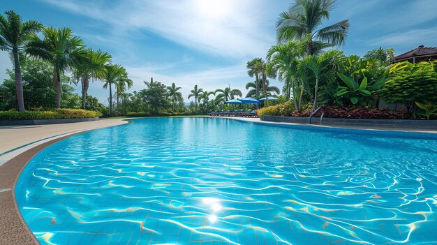 Empty swimming pool in tropical resort in summer Ai generative