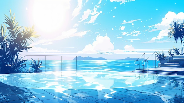 Empty swimming pool in tropical resort in summer background Generative AI illustration