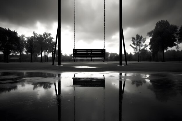 Foto un'altalena vuota in un parco in scala di grigio sotto un cielo nuvoloso che evidenzia la malinconia