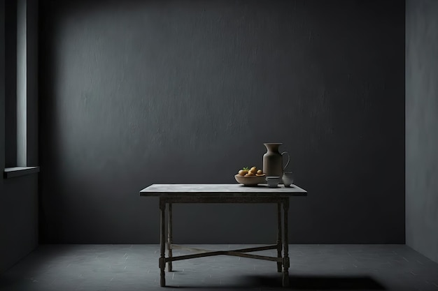 empty table in a black room.Generative Ai