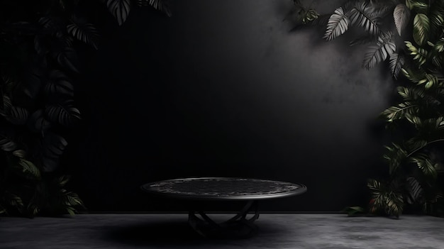 Empty table on black texture wall background Composition with leaves shadows on the wall and light