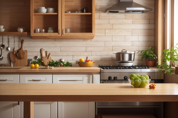 empty table blurred modern kitchen background