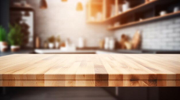 empty table board and defocused modern kitchen background generative ai