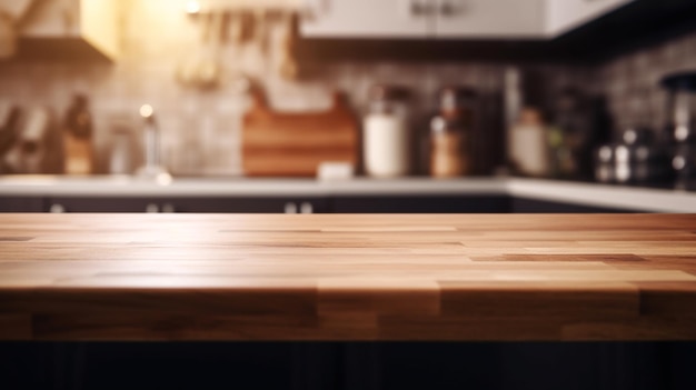 empty table board and defocused modern kitchen background generative ai