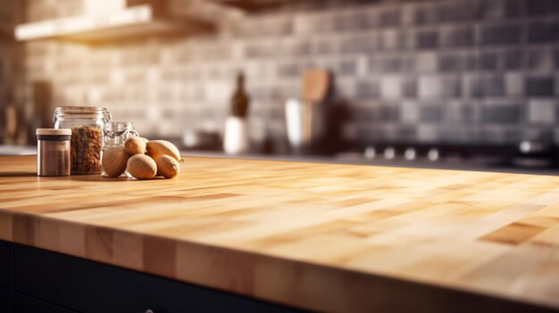 empty table board and defocused modern kitchen background