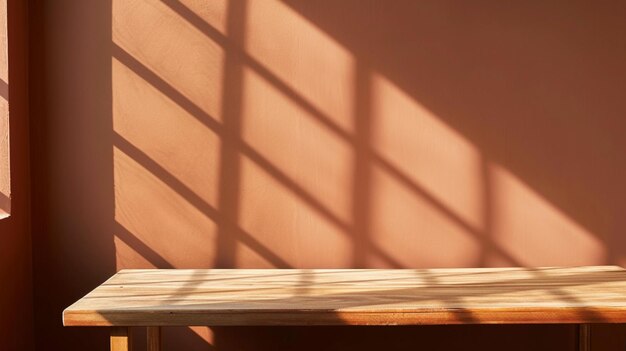 明るい茶色の壁の背景に空のテーブル 壁に窓の影が付いた作曲 ジェネレーティブ・アイ