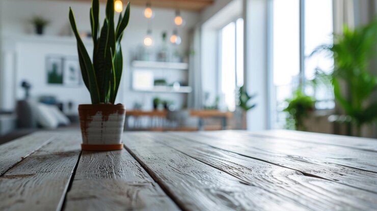 Photo empty table in bright contemporary living room interior
