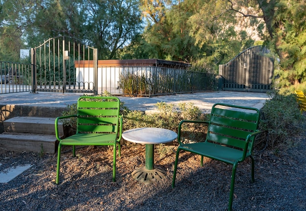 Empty table and chair in open outdoor