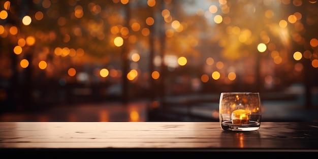 An empty table foregrounds a bokeh of warm amber light
