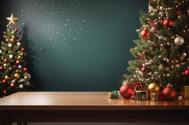 Empty table in front of christmas tree with decoration background