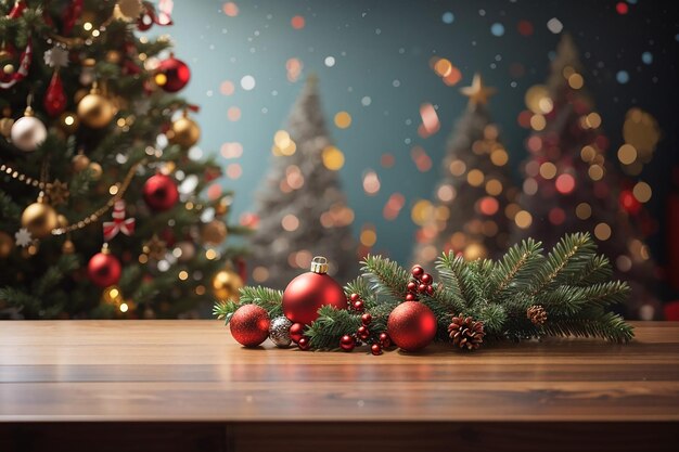 Empty table in front of christmas tree with decoration background