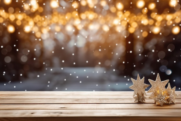 제품 디스플레이 몽타주를 위한 장식 배경이 있는 크리스마스 트리 앞의 빈 테이블