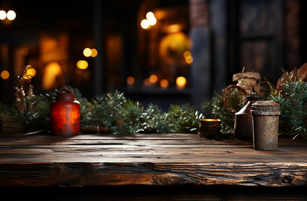製品表示モンタージュの装飾の背景を持つクリスマス ツリーの前の空のテーブル
