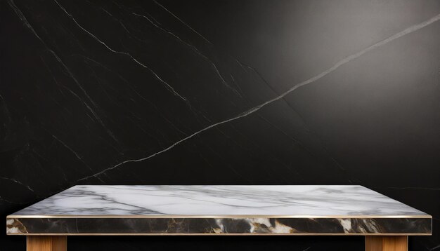 Empty table marble black countertop on black wall background