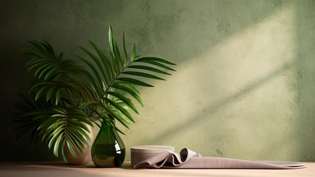 Empty table on pink texture wall background Composition with leaves shadows on the wall and light