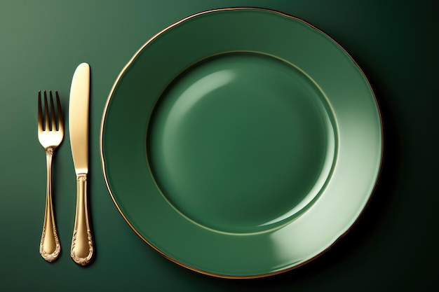 Empty table plate setting on green background