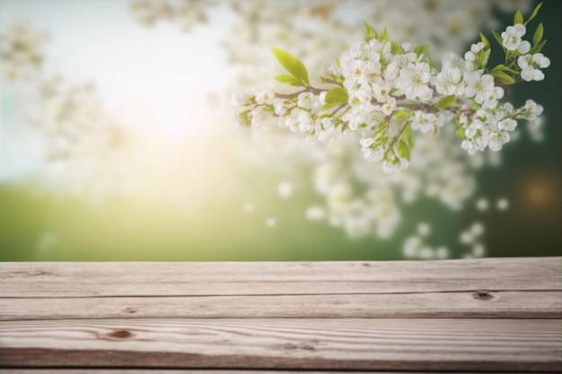 Empty table for product display with flower spring blur background