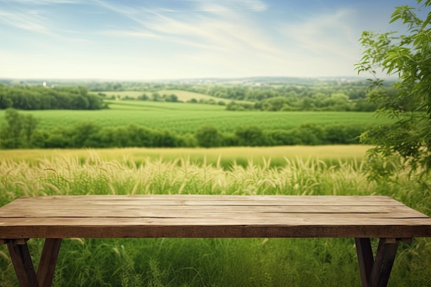 empty table for product showing Green bokeh Natural background Wooden empty table for product sh