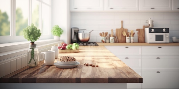 Empty table top over defocused kitchen with copy space