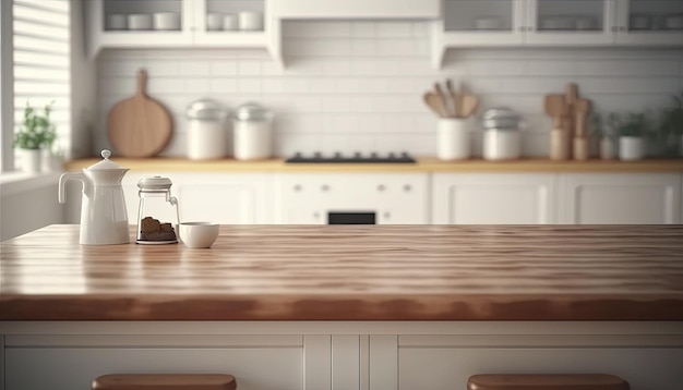 Empty table top over defocused kitchen with copy space