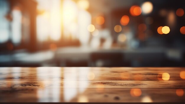 Empty table top in the office Wooden desk in office with bokeh lights Closeup shot in empty table