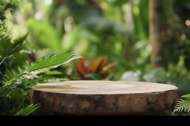 Empty table top wooden counter podium in outdoor tropical garden forest blurred green plant background with spaceorganic product present natural placement pedestal displayspring and summer concept