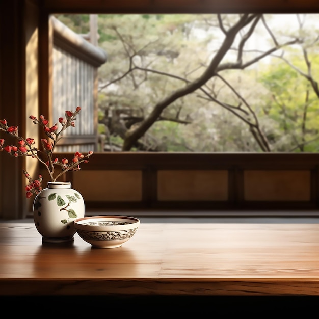 Empty table view Japanese fashion style very bright atmosphere slightly blurry background