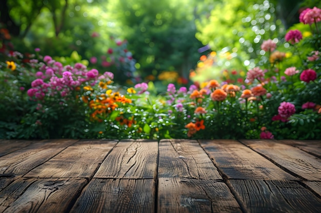 Empty Table with Beautiful Flower Garden View in the Background