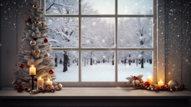 Empty table with Christmas decoration and winter window in background