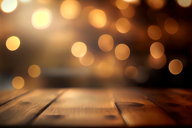 Empty table with a defocused bokeh background of golden lights