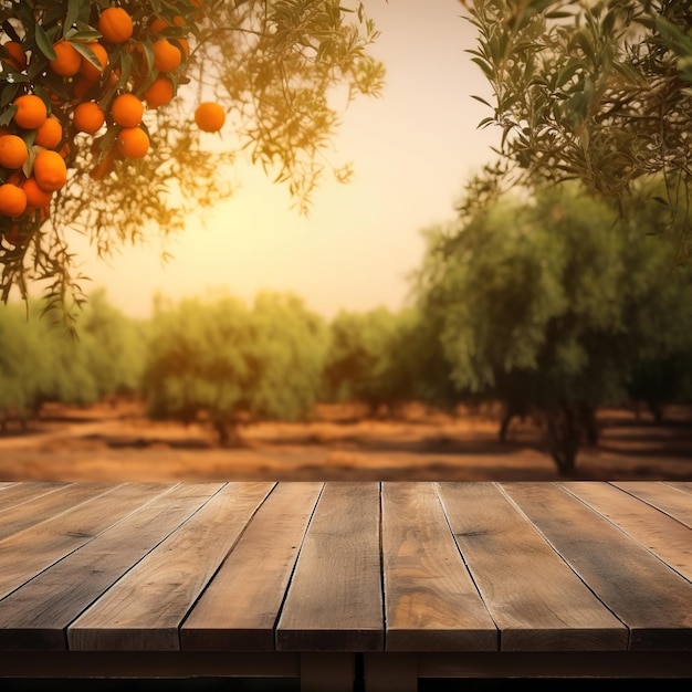 An empty table with oranges hanging from the tree branches