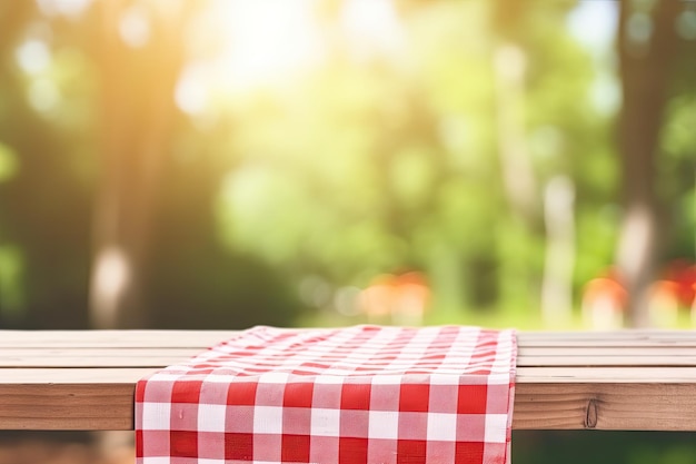 Photo empty table with red checkered towel food ads tabletop with empty space picnic table on wooden deck blurry backdrop promotional background