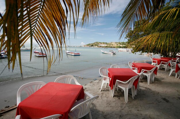 Empty tables and chairs on beach