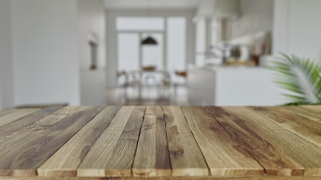 Photo empty tabletop over defocused kitchen with copy space