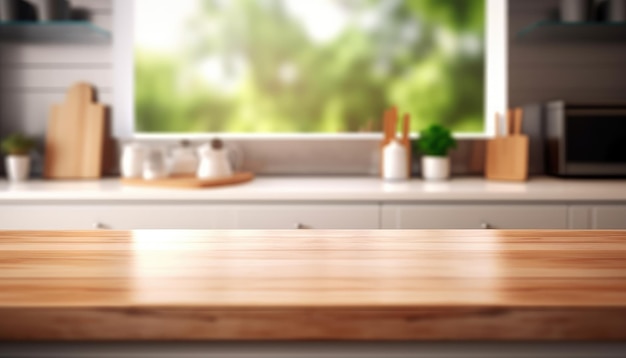 Empty tabletop over defocused window kitchen with copy space Generative AI