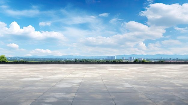 山岳地帯の背景と青空を持つ空の舗装道路都市の完璧な空白の背景