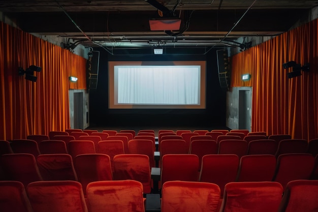 An empty theater featuring bold red seats and a vast screen ready for an immersive moviewatching experience