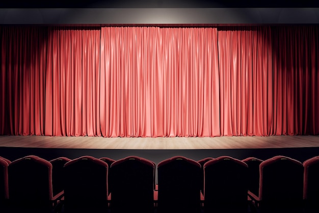 empty theater hall with wooden stage red curtains and row of seats