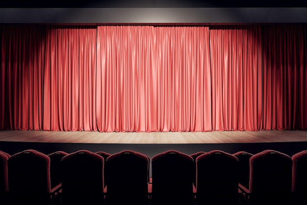 Empty theater hall with wooden stage red curtains and row of\
seats