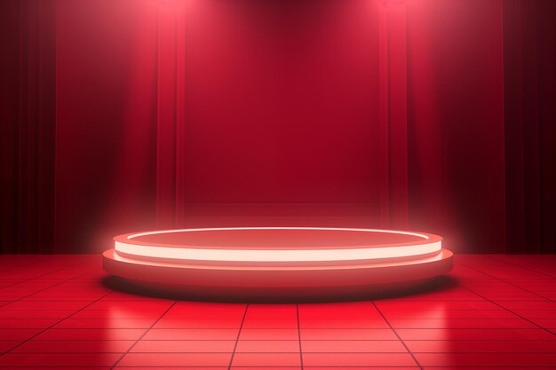 An empty theater stage illuminated by spotlights before a performance Red round podium