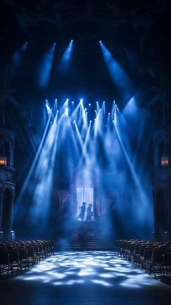 An empty theater stage illuminated by spotlights