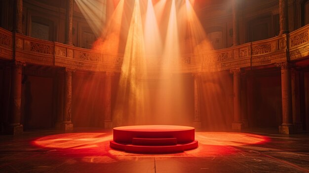 Empty theater stage illuminated by the warm glow of spotlights setting the scene before a performance The focal point is a red round podium standing out against the bright AI Generative