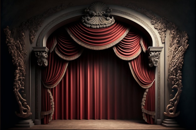 Empty theater stage with red velvet curtains Generative Ai
